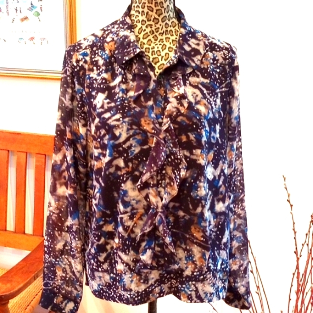 CAbi Ladies Long Sleeve Ruffle Front Blouse Size:M Color:Navy NWOT